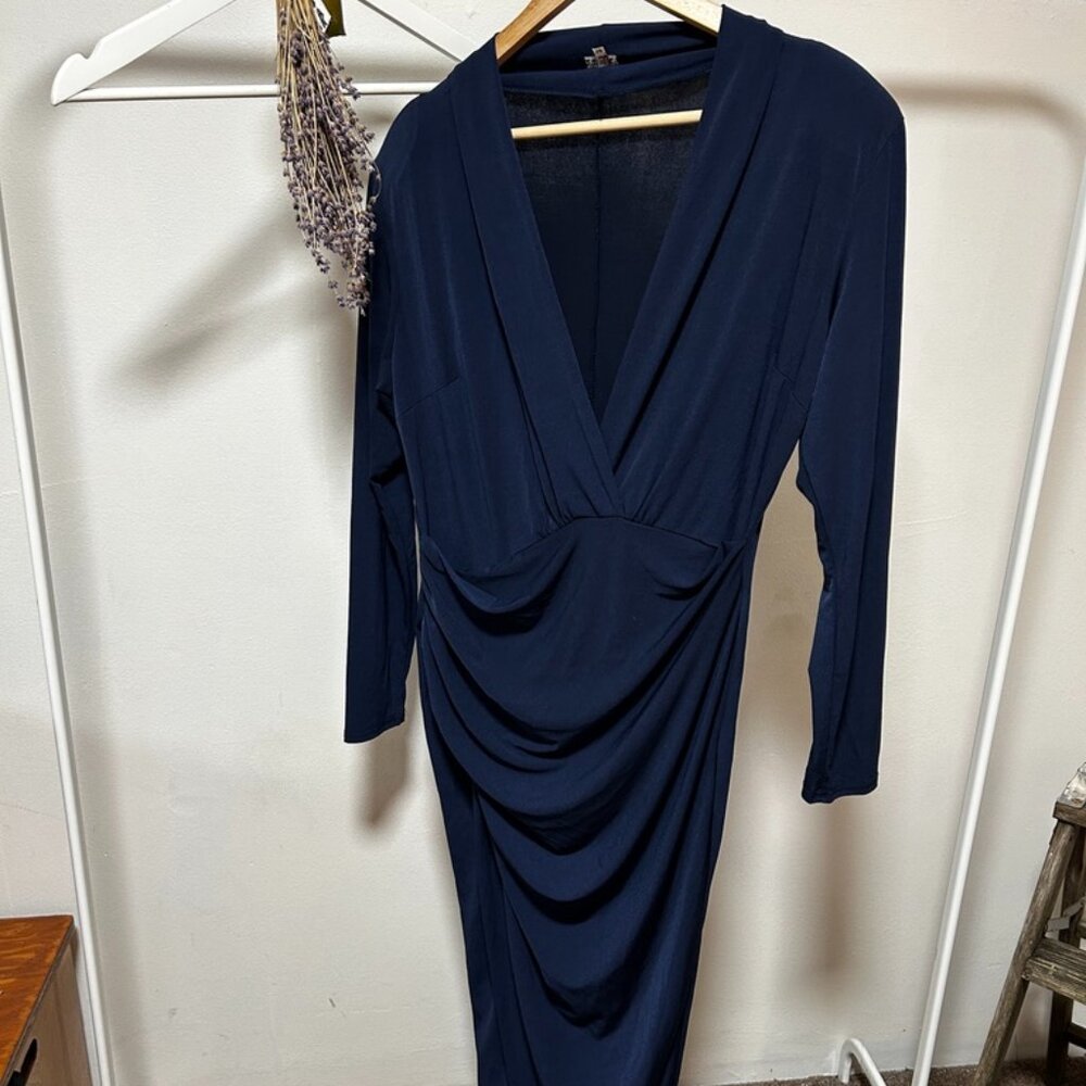 John Zack London, formal, dark blue wrap dress, XL